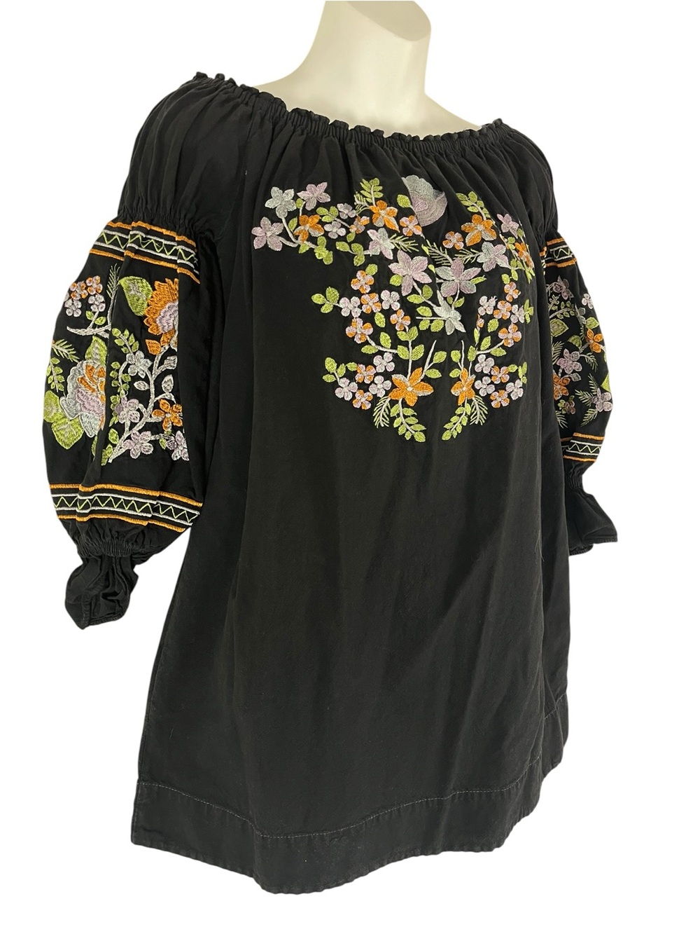 Giocam Black Embroidered Floral Off Shoulder Boho Peasant Blouse Size Medium - Picture 5 of 8